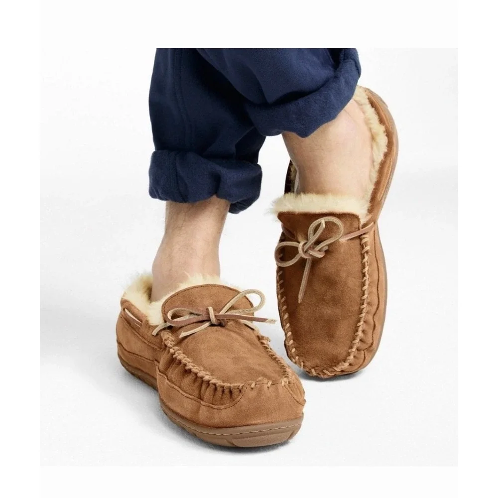 L.L.Bean Wicked Good Moccasin Mens Size 7‎ Brown Shearling Suede Slippers